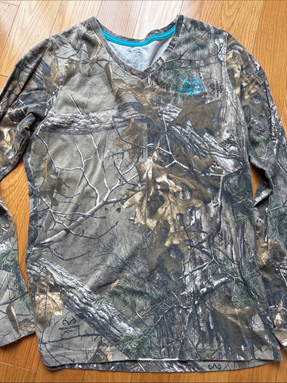Realtree Camo V-Neck Long Sleeve Top in Brown, Green and Teal Trim